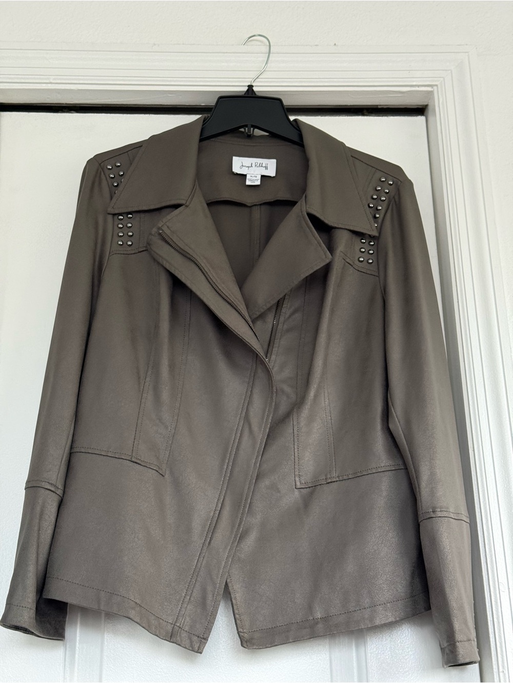 Joseph Ribkoff Olive Leather Stud-Shoulder Blazer
